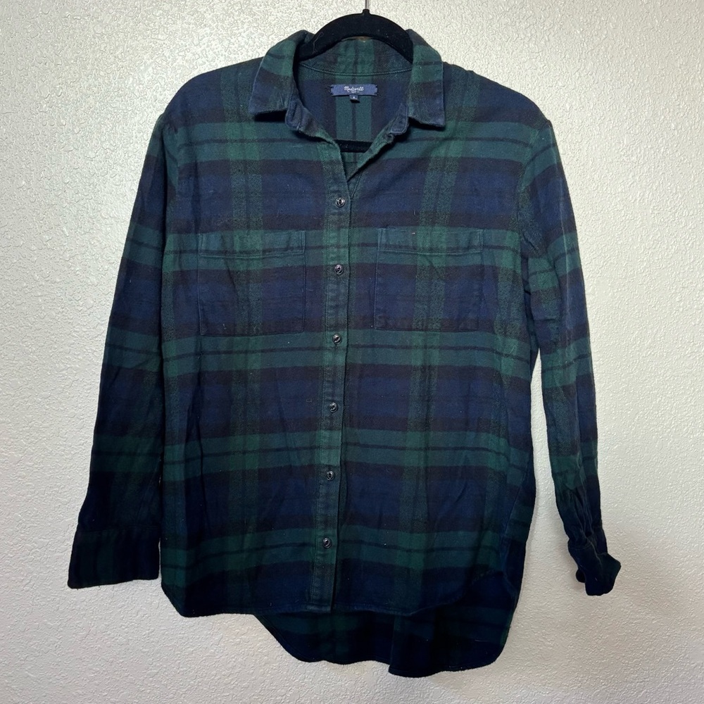 Madewell Navy Blue & Green Plaid Flannel Work Button Down Shirt Small